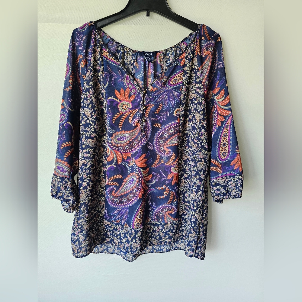 Chaps Women's Navy Paisley Peasant Blouse - Picture 3 of 13